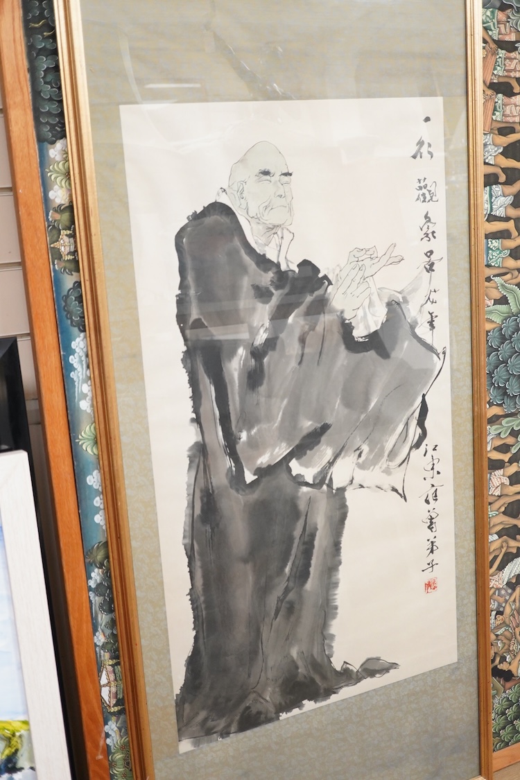 Contemporary, Japanese School, set of four figural scroll prints, with character and red seal marks, 94 x 51cm, framed